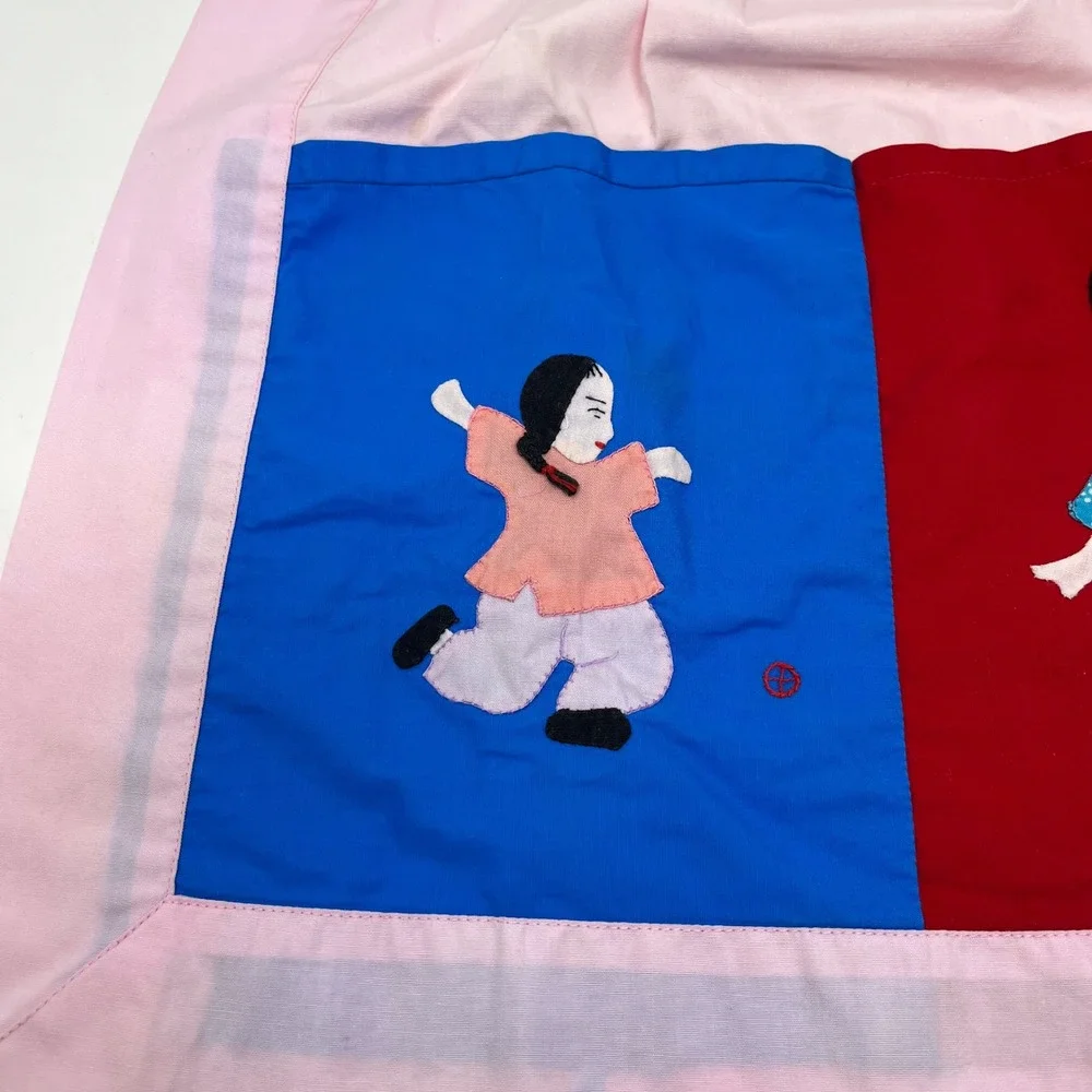 Vintage Pink Cotton Half Apron Hand Stitched Applique Asian Figures 3 Pockets